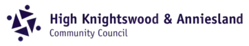 Logo of High Knightswood & Anniesland Community Council with purple geometric shapes and text